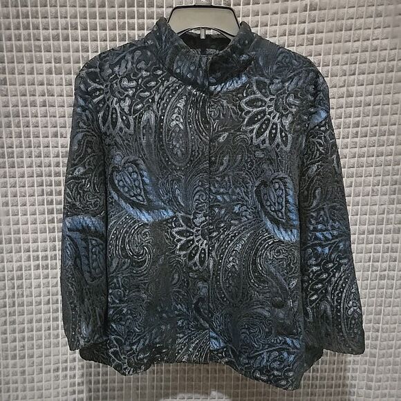 Black Blue Paisley Blazer Jacket Chicos3 FitsL Button Boho Goth Glam Rock Witchy - Picture 1 of 16